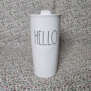 Rae Dunn Beige "Hello" Ceramic Travel Mug with Lid, 12 oz